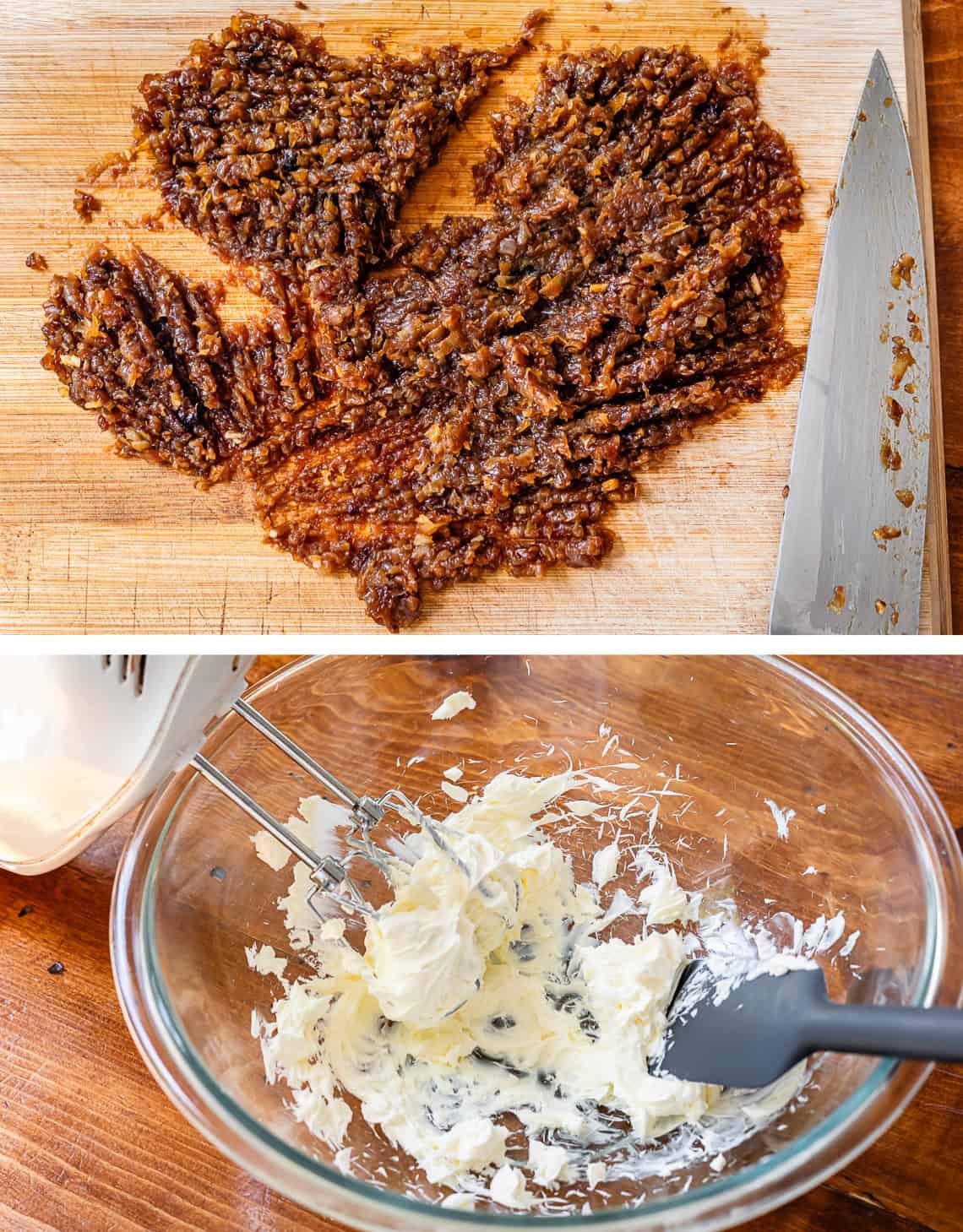 top pic: chefs knife chopping browned onions smaller, bottom pic hand mixer beating cream cheese.