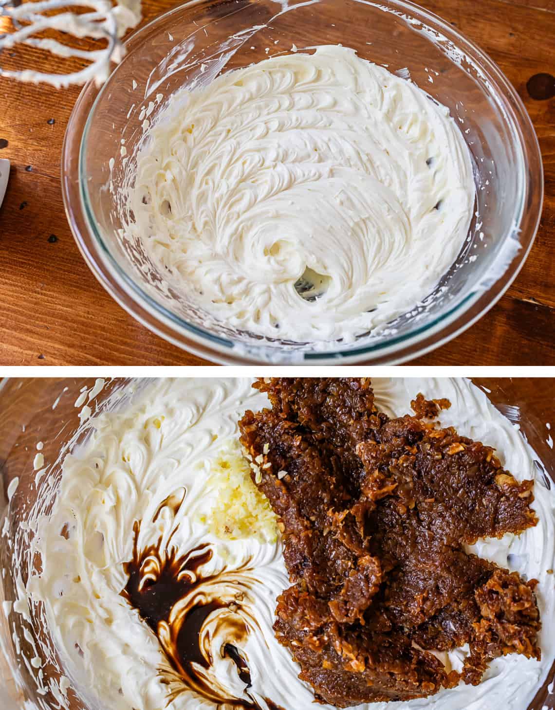 top pic: beaten cream cheese in glass bowl, bottom pic chopped onion and other ingredients added.