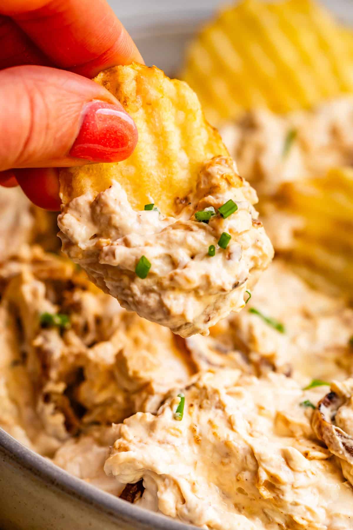 hand holding a crinkle cut potato chip loaded with French onion dip and chive garnish.