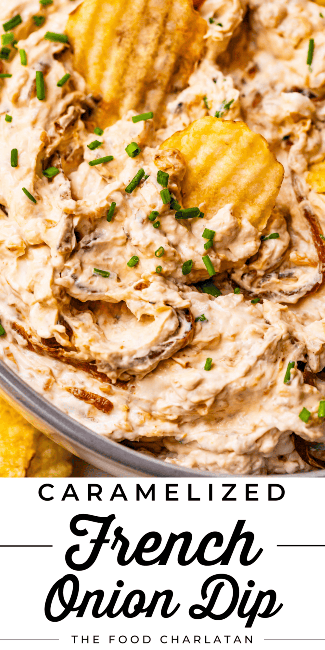 pinterest image: ceramic bowl of dip with chips and text "caramelized French Onion Dip".