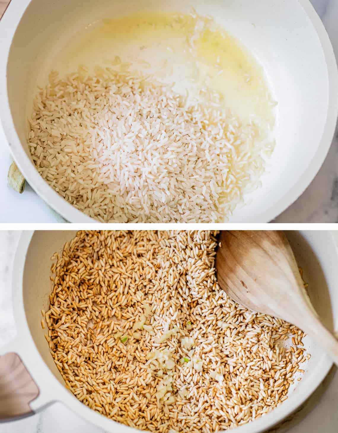 Cooking rice on the stove with browned butter before and after.