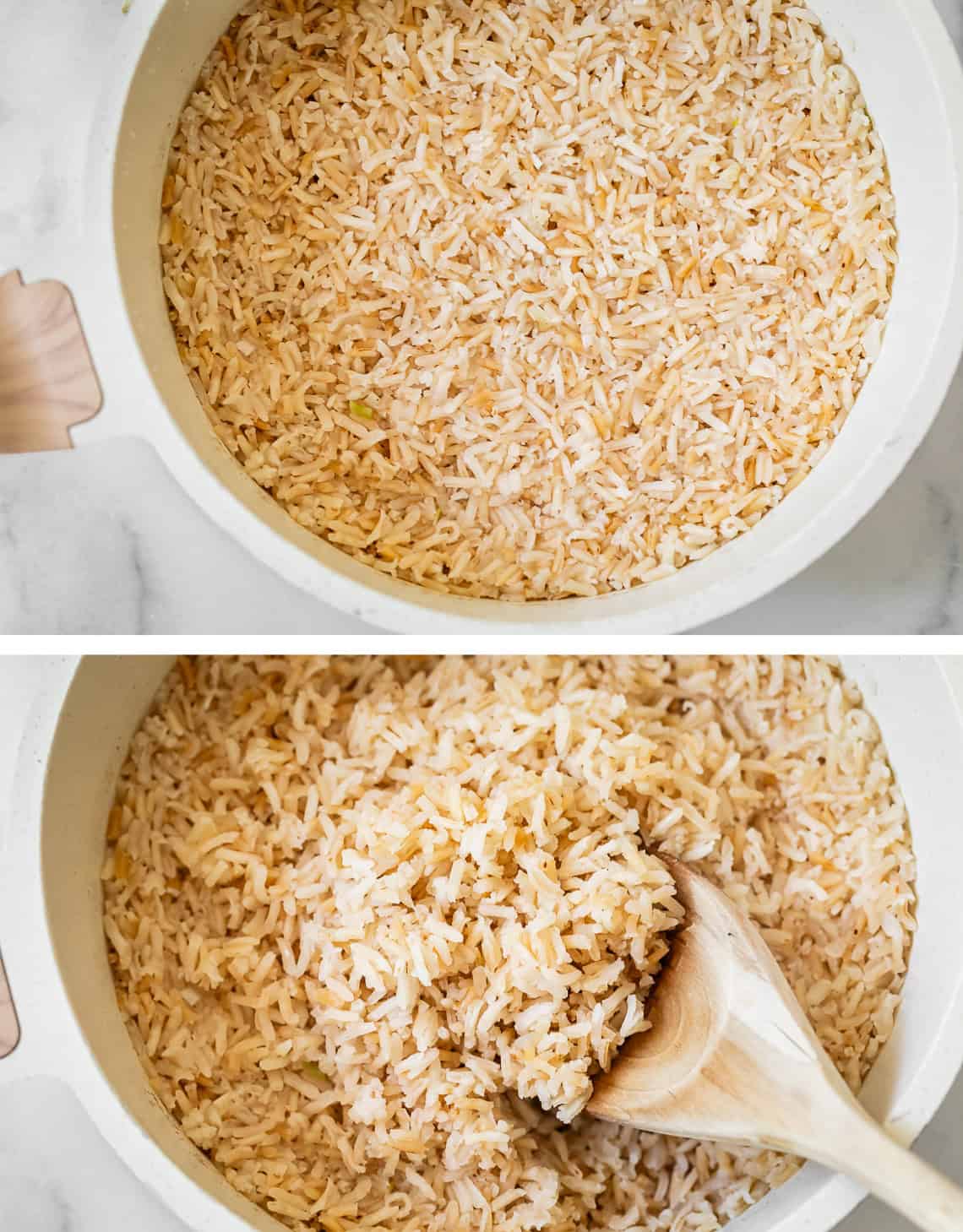 Cooked rice using browned butter in a stove just after finishing and with wooden spoon.