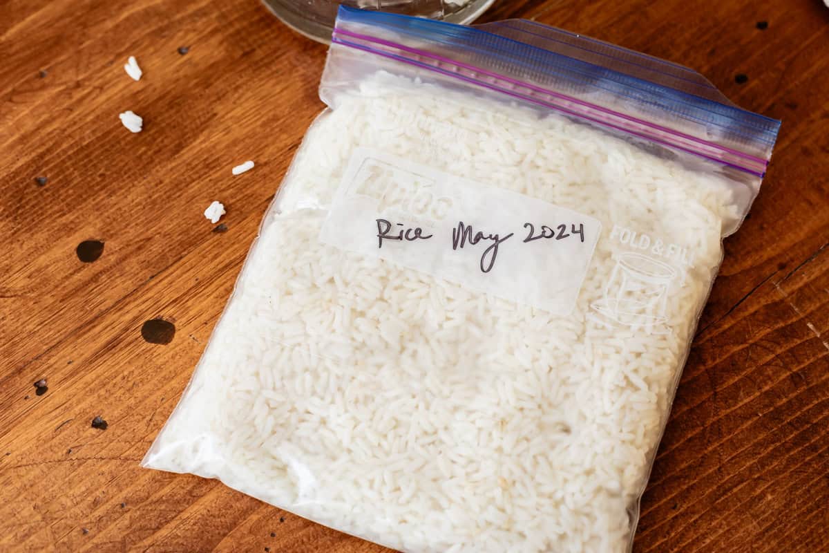 ziplock full of cooked rice, labeled with the date.