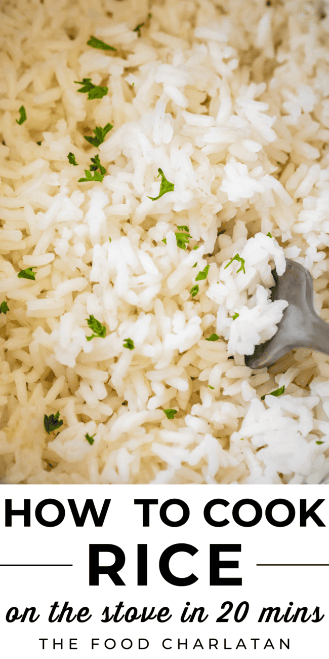 Pin image of how to cook rice on the stove.