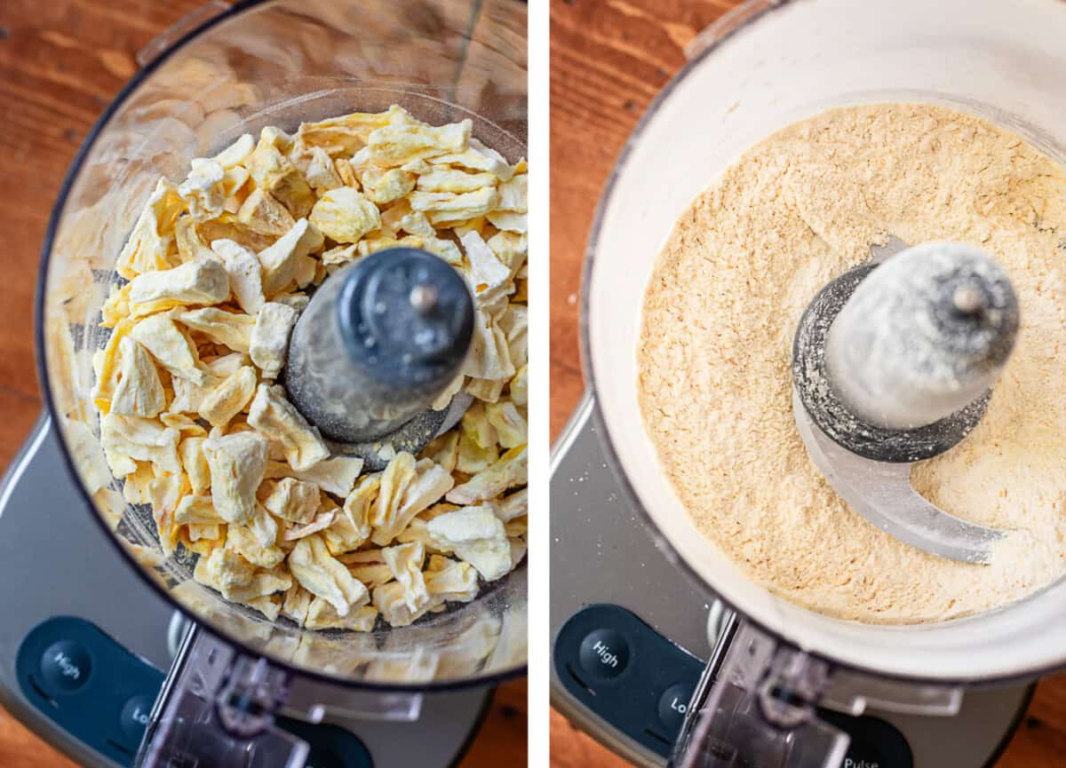 left freeze dried pineapple pieces in a food processor, right the pineapple turned into a powder.