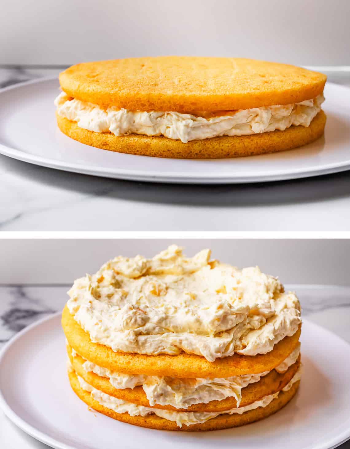 top added second layer of cake, bottom layer third layer with cream added.