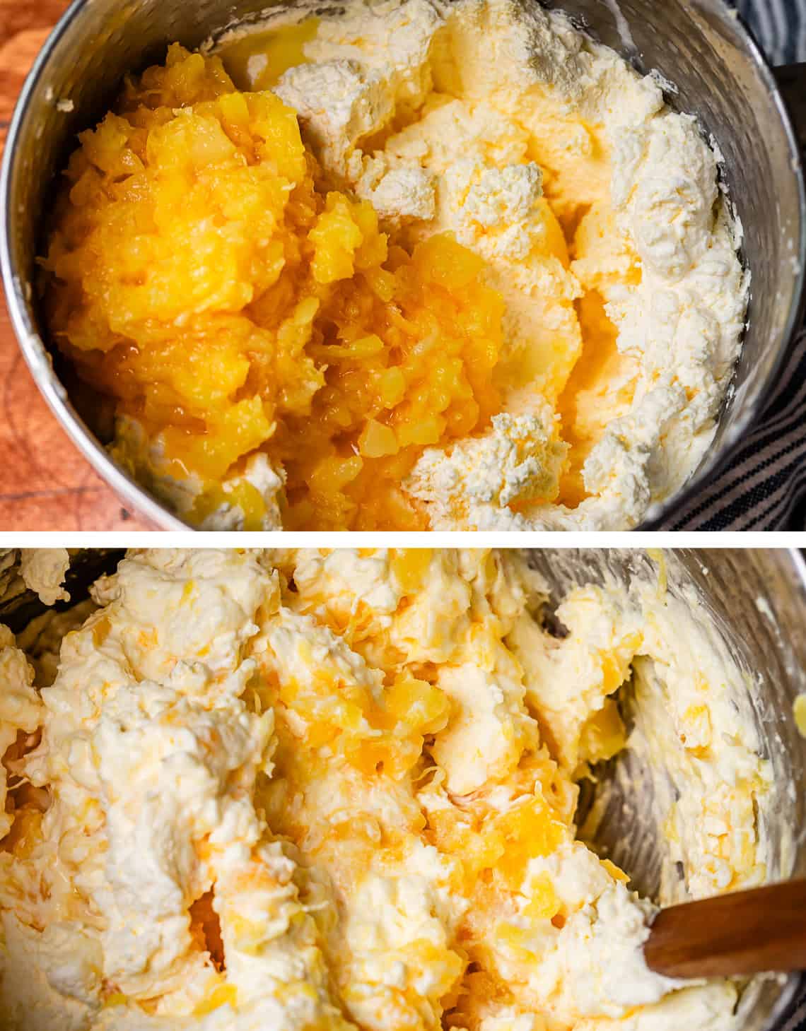 top pineapple added to stabilized whipped cream, bottom pineapple all mixed in.