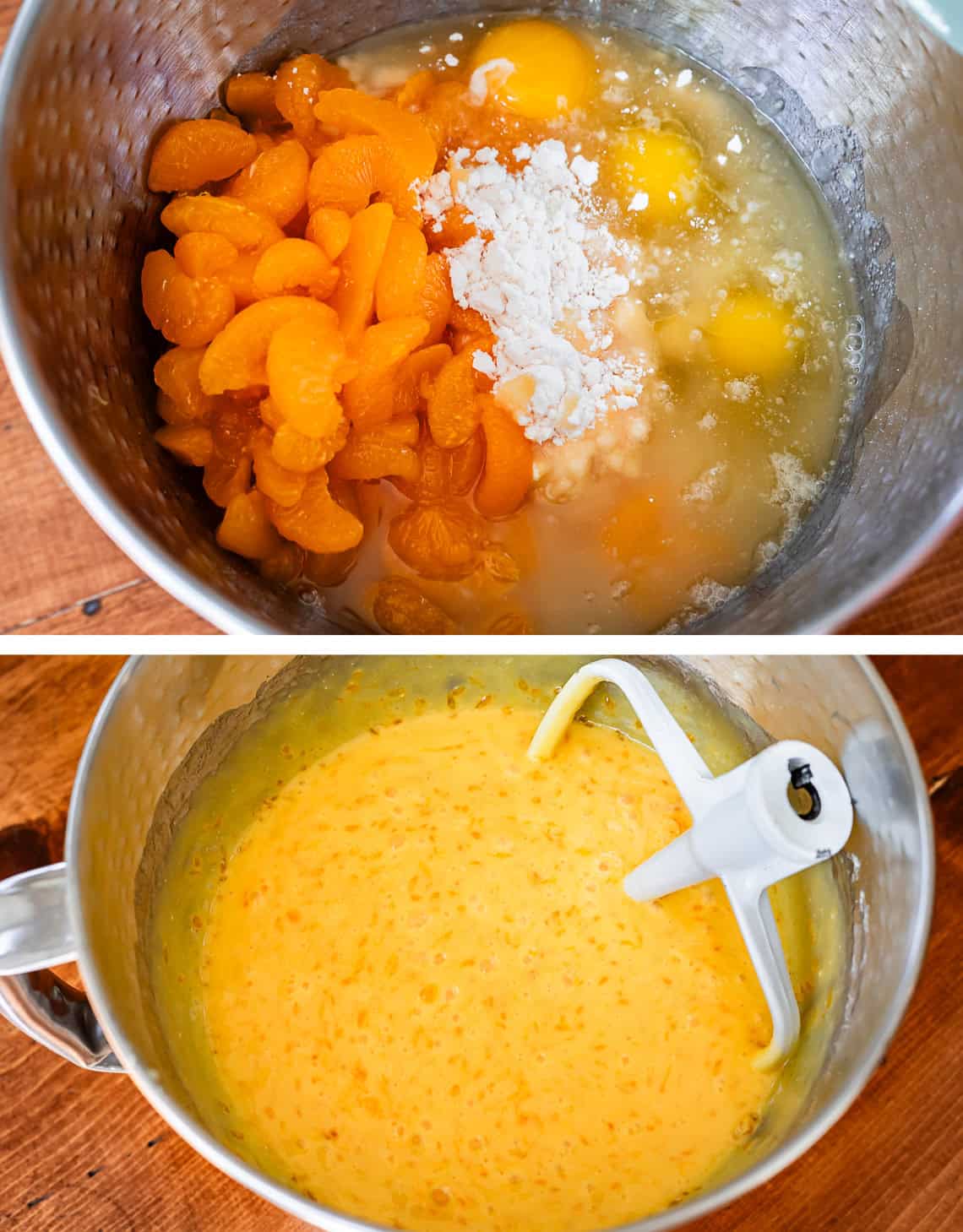 top all cake ingredients in a metal mixing bowl, bottom, everything all mixed together.