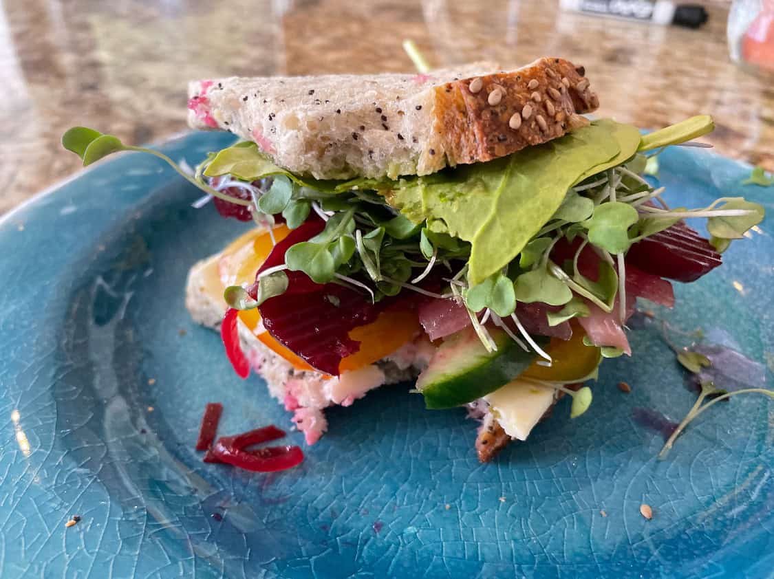 Veggie sandwich on a blue plate