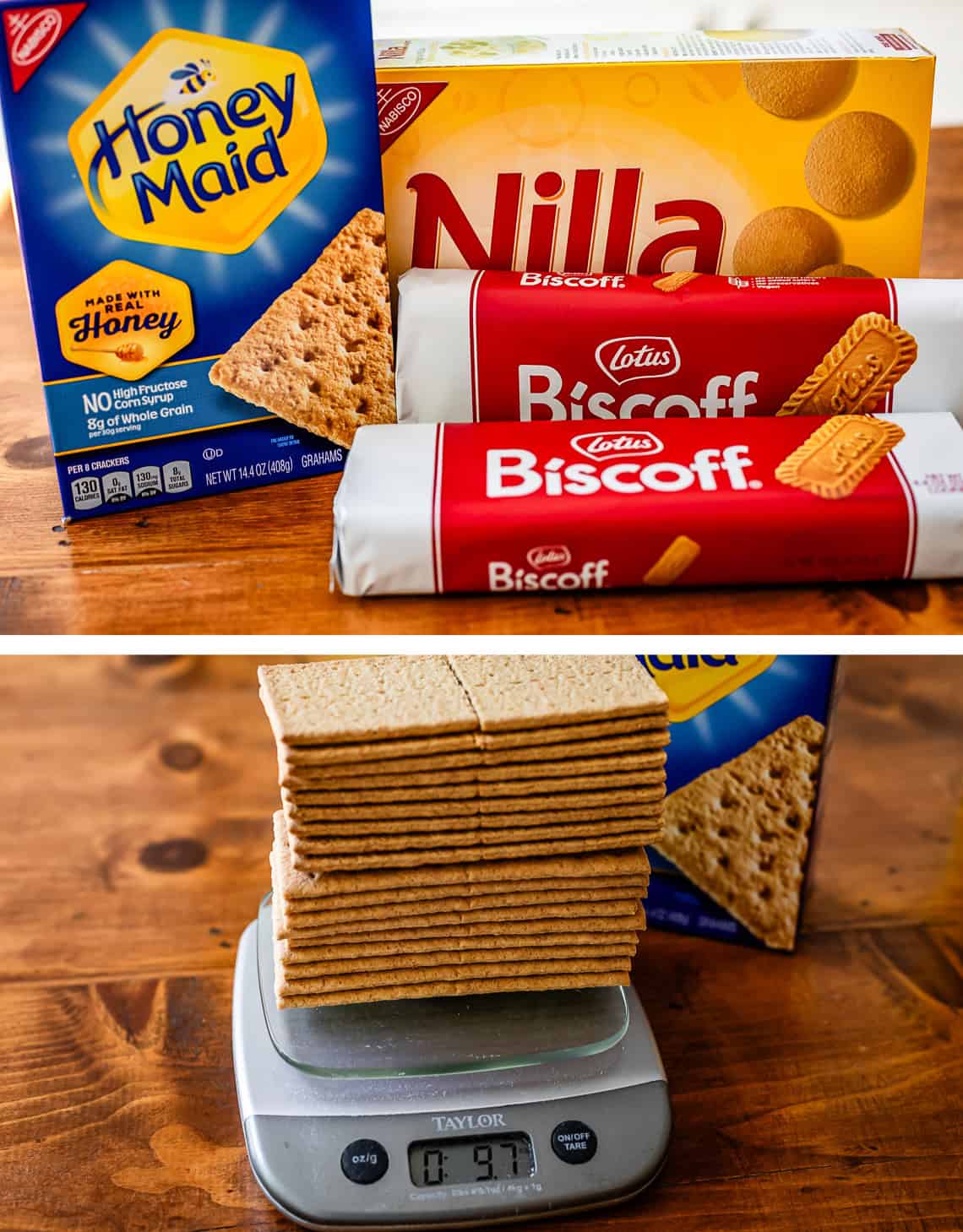 top: graham crackers, nilla, biscoff cookies, bottom: full graham crackers being weighed on digital scale.