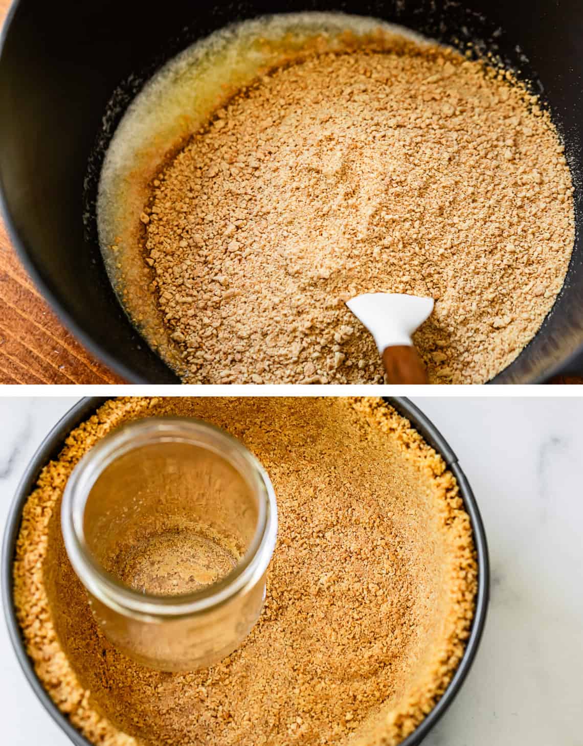 top image: mixing crumbs and melted butter in a mixing bowl, bottom: pressing mix into pan.