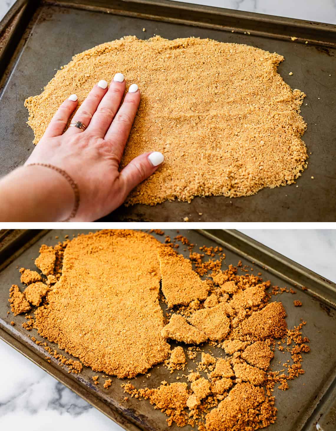 top image: pressing crumb mix onto cookie sheet; bottom: breaking up baked crumbs.