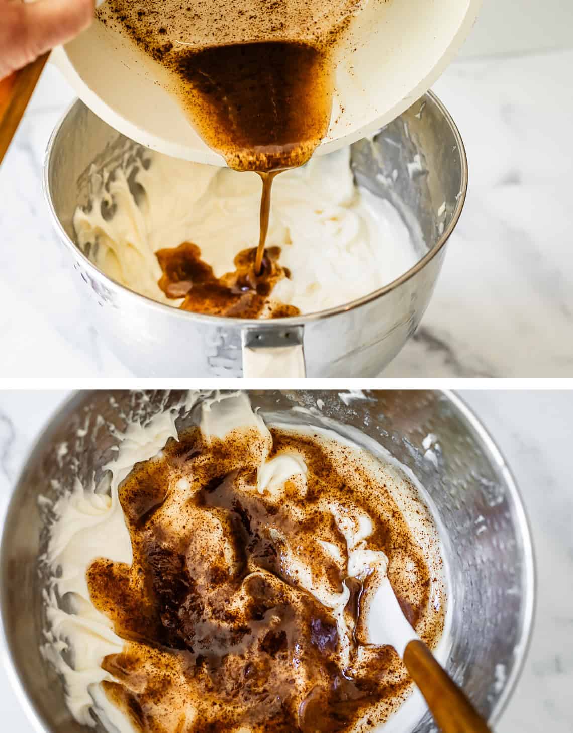 top image: pouring browned butter into mixing bowl, bottom all of it on top of filling in bowl.