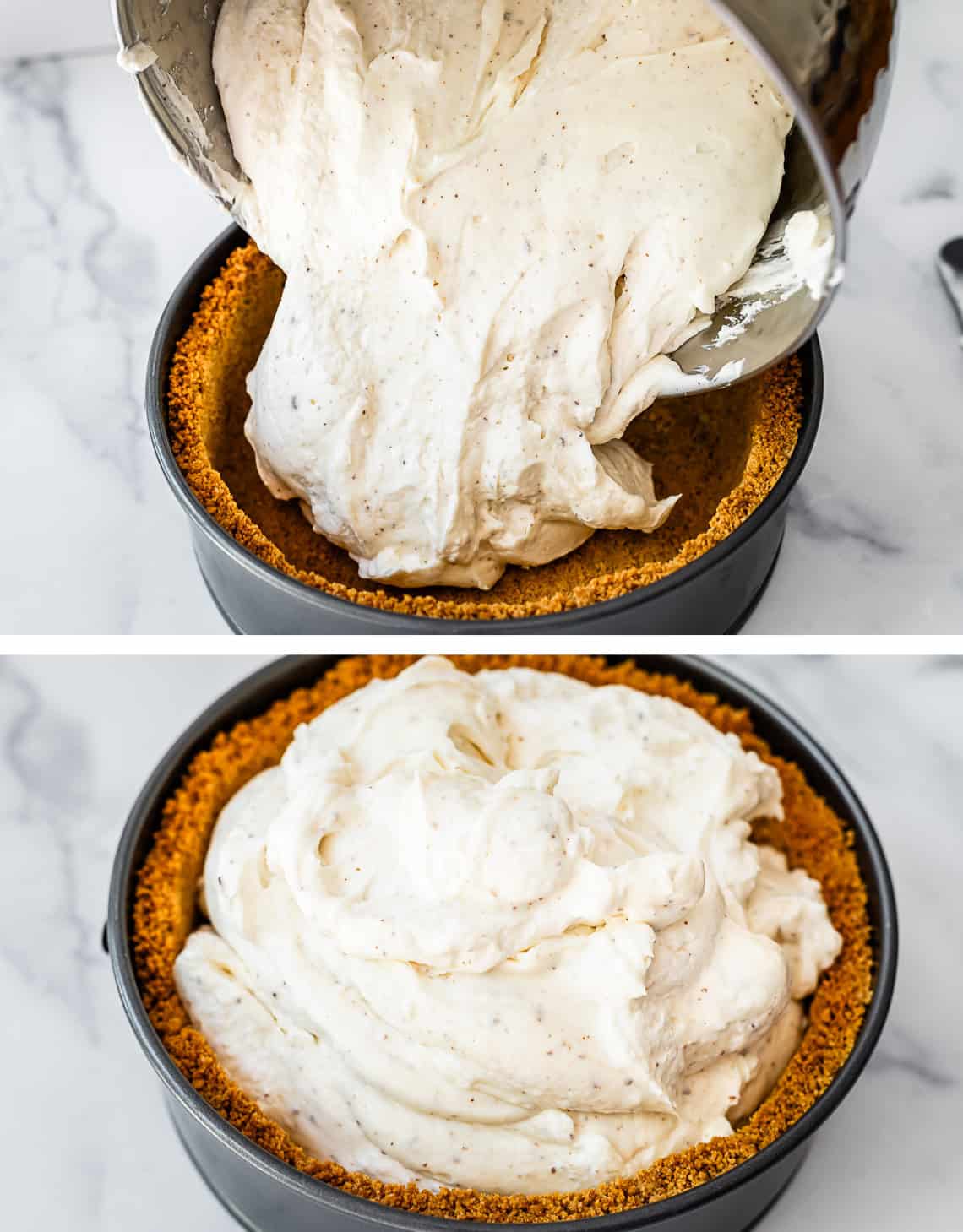 pouring cheesecake filing into a graham cracker crust.