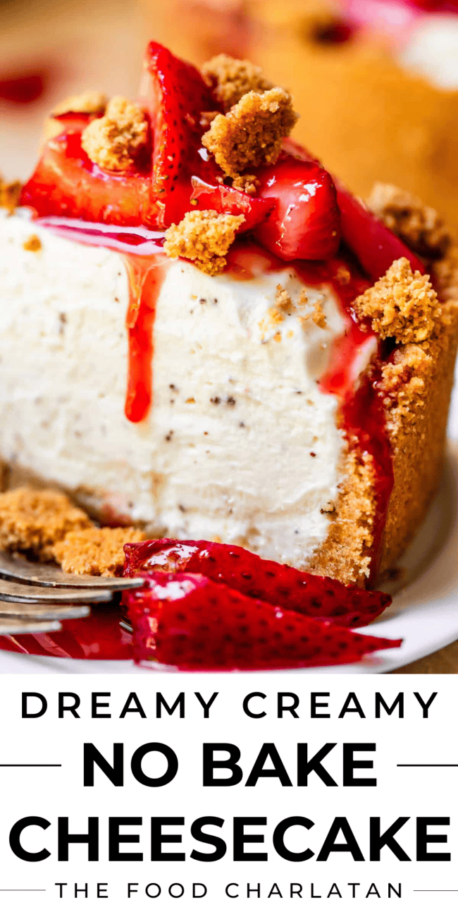 no bake cheesecake with strawberry topping and a fork.