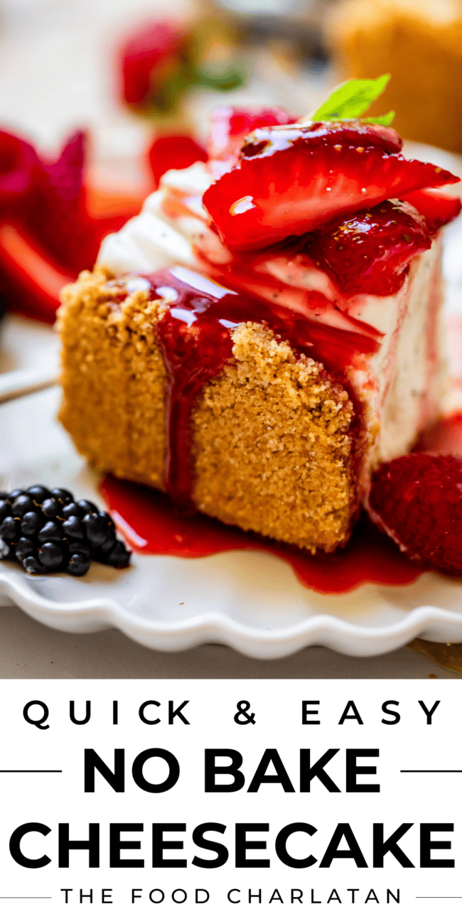 slice og no bake cheesecake with strawberries on top.