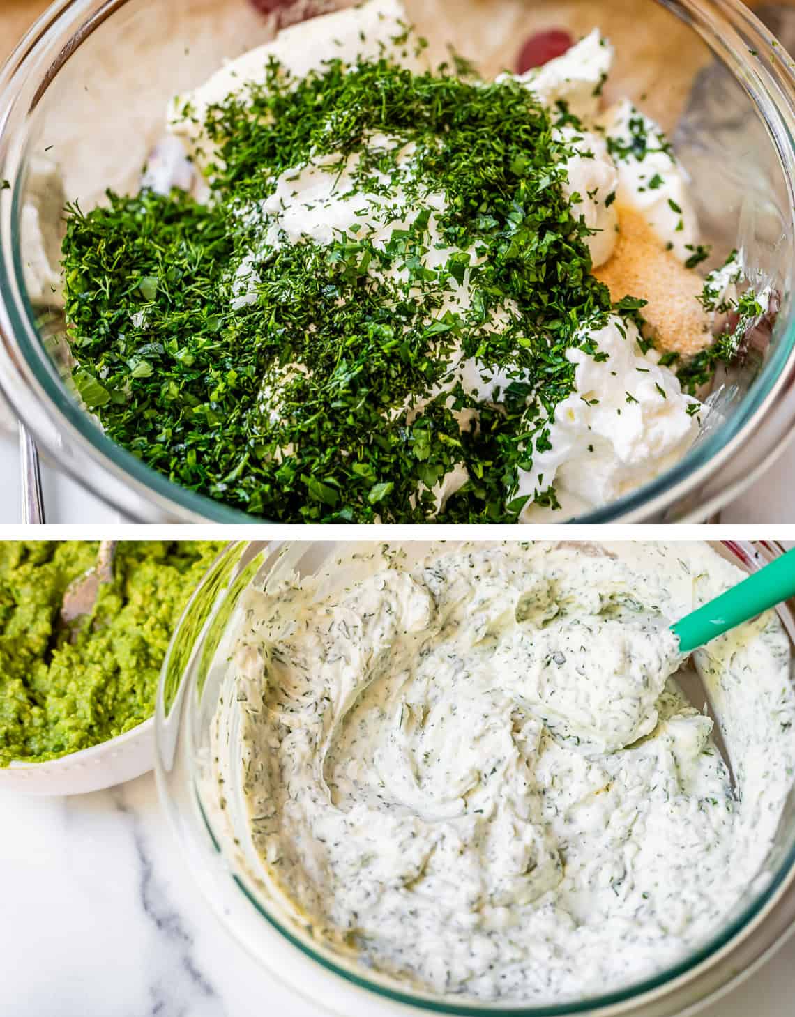 top image: chopped parsely and dill on top of cream cheese, bottom image: all mixed together.