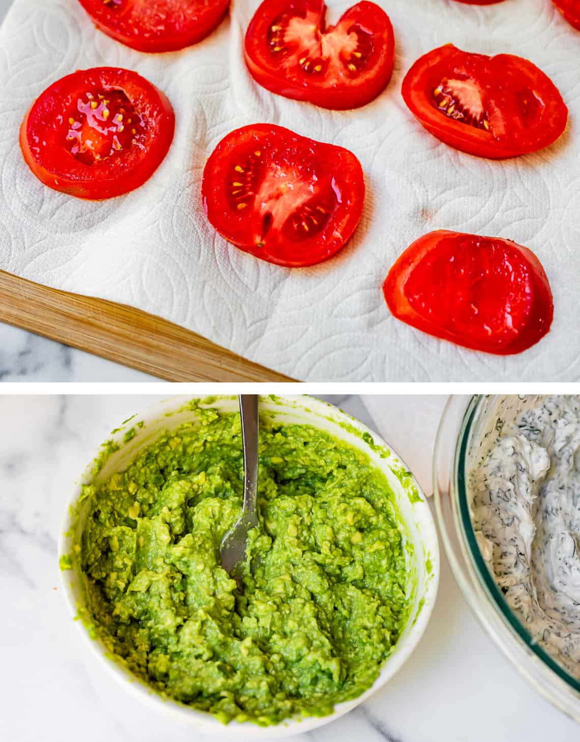 top image: tomato slices on paper towel, bottom: mashed avocado in a ceramic bowl.