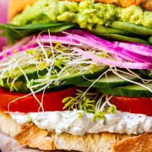 sourdough, spread, tomato, cucumber, sprouts, onion, spinach, guac sandwich.