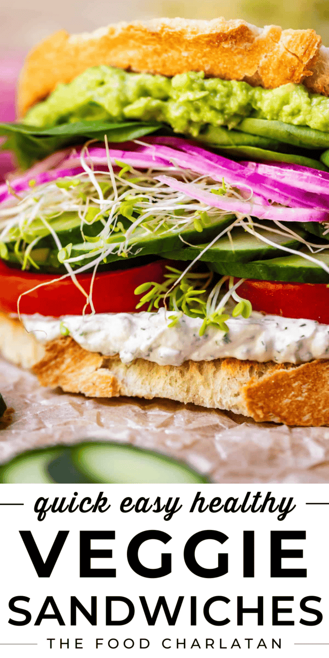 pinterest image of vegetable sandwich with wording "quick easy healthy veggie sandwiches".