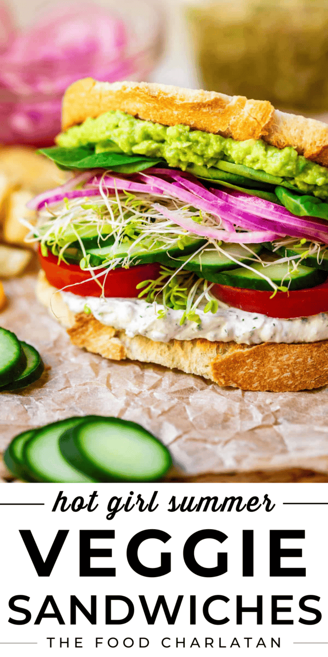 pinterest image of veggie sandwich with text "hot girl summer veggie sandwiches".