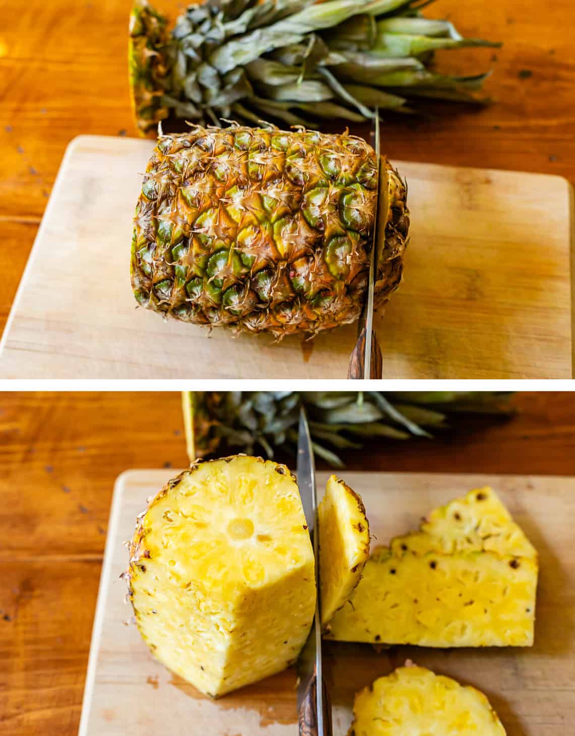 top: knife cutting bottom off pineapple, bottom: knife cutting edges off pineapple.