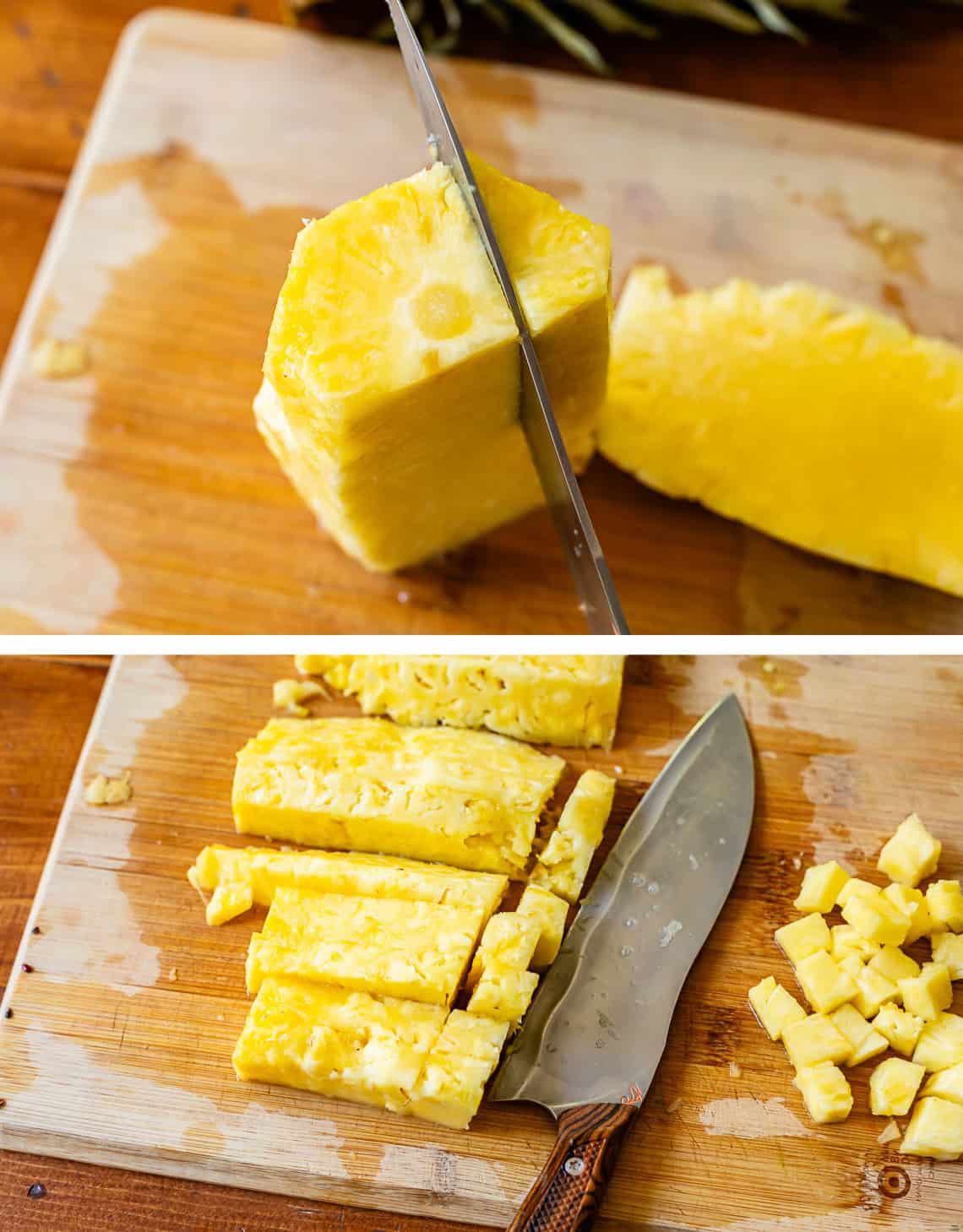 top: cutting fruit off the pineapple core, bottom: chopping finely the pineapple.
