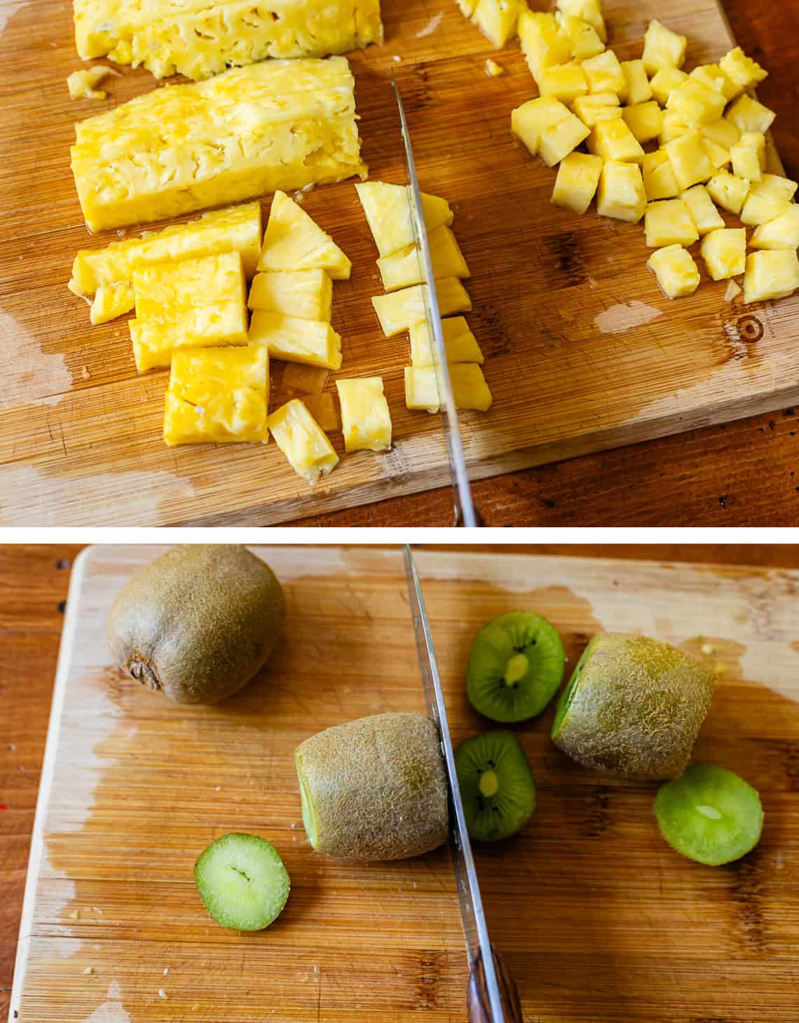 top: knife cutting pineapple into very small pieces, bottom: cutting bottom off kiwi.
