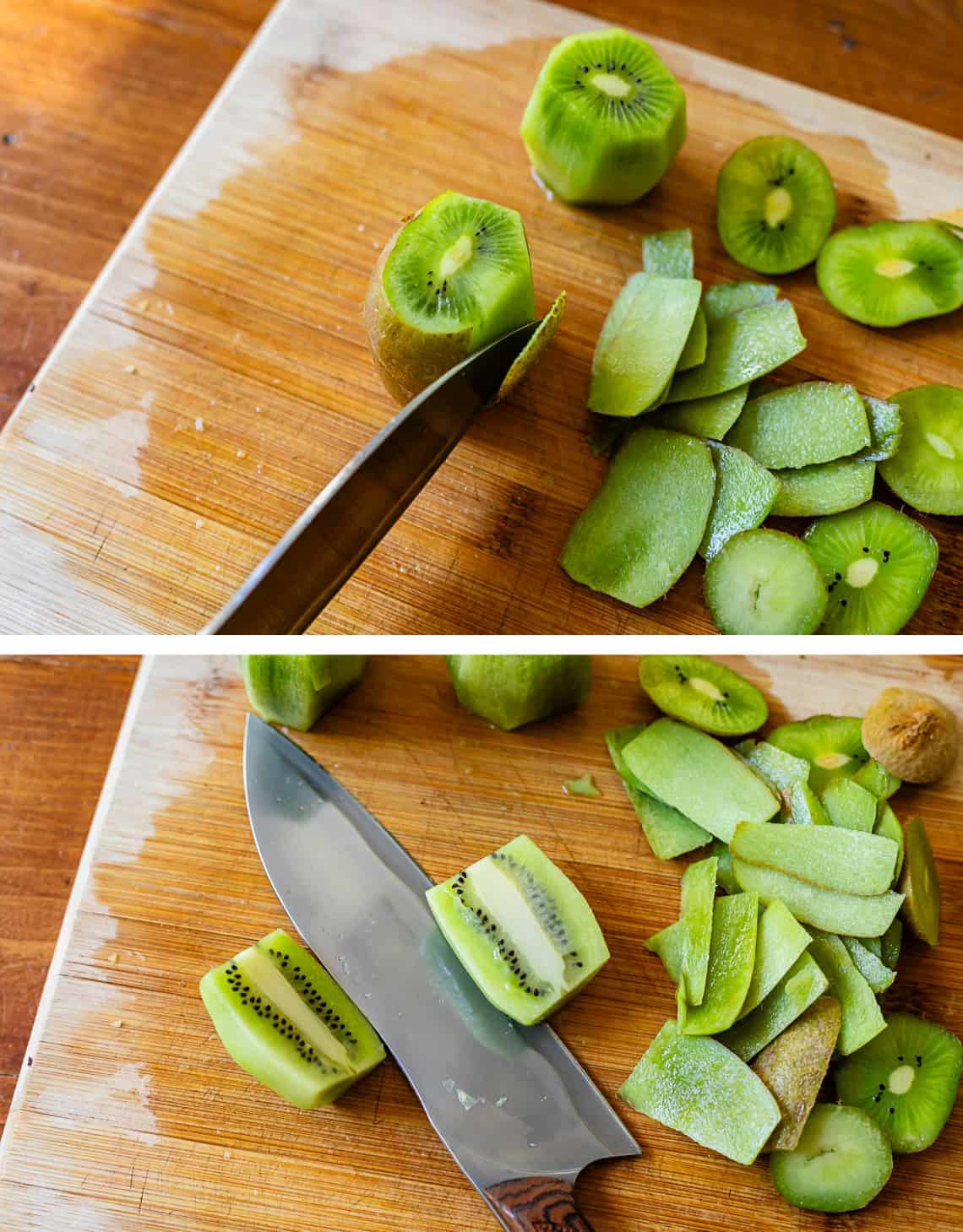top: using knife to "peel" kiwi, bottom: knife between two halves of kiwi after cutting lengthwise.