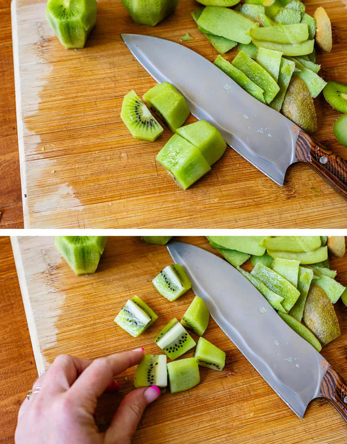 top: knife on board next to quartered kiwi pieces, bottom: knife on board by kiwi in eighths.