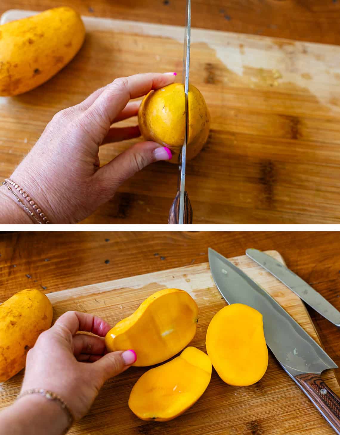 top: knife cutting into mango close to pit, bottom: pit peeking through cut side of mango.