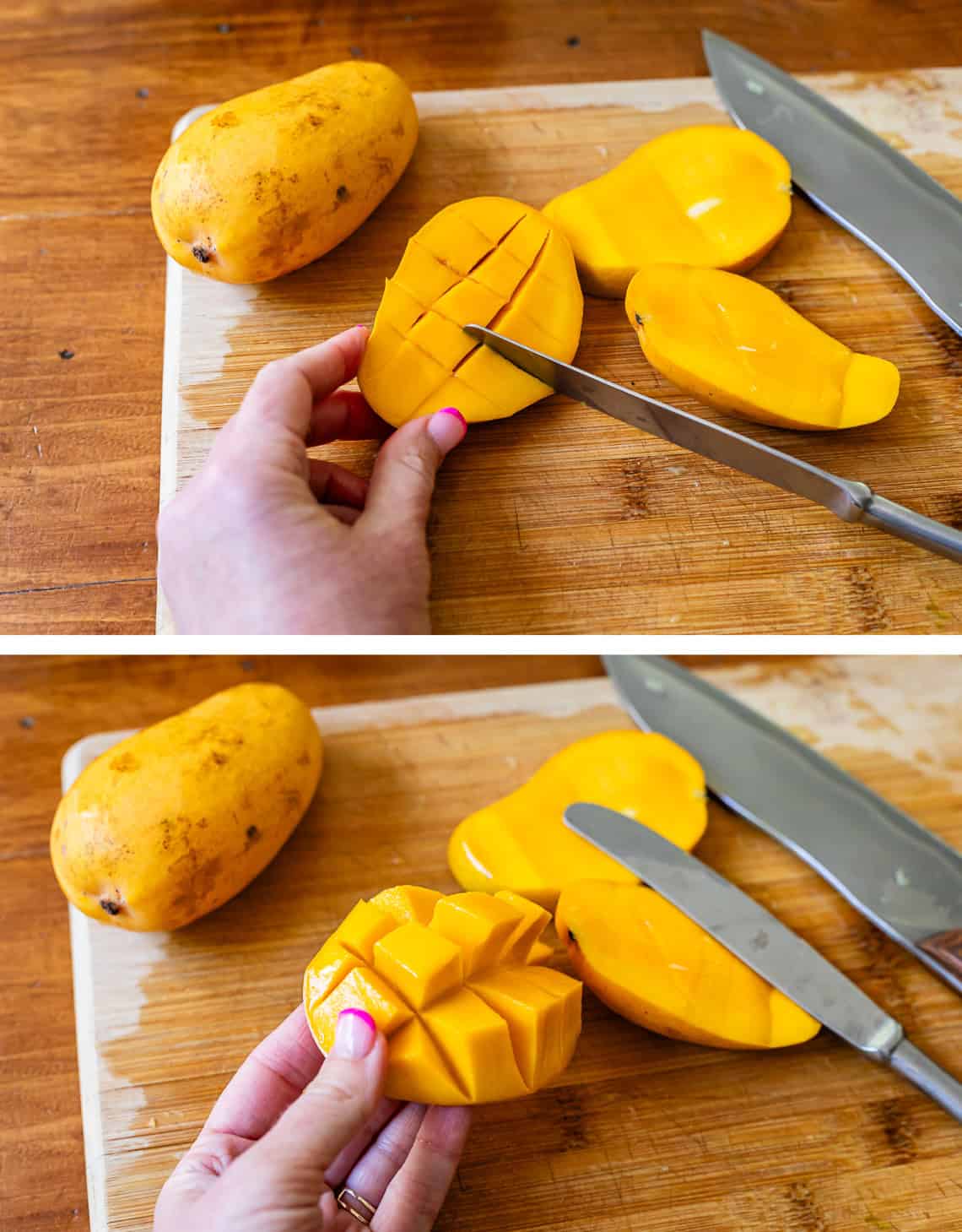 top: scoring the flesh of cut off mango piece; bottom: folding the peel back.