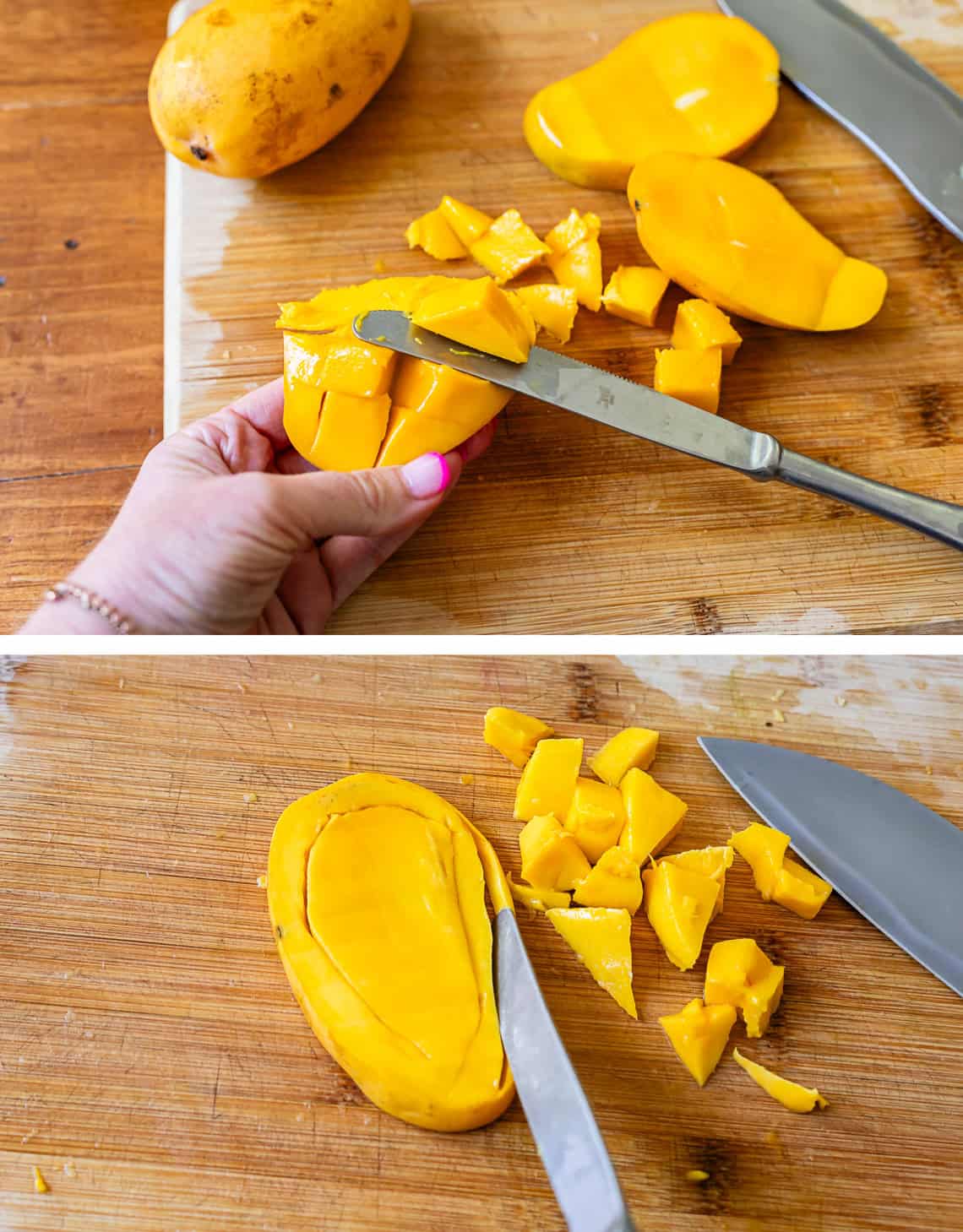 top: butter knife cutting mango pieces off skin; bottom: getting extra mango from around the pit.