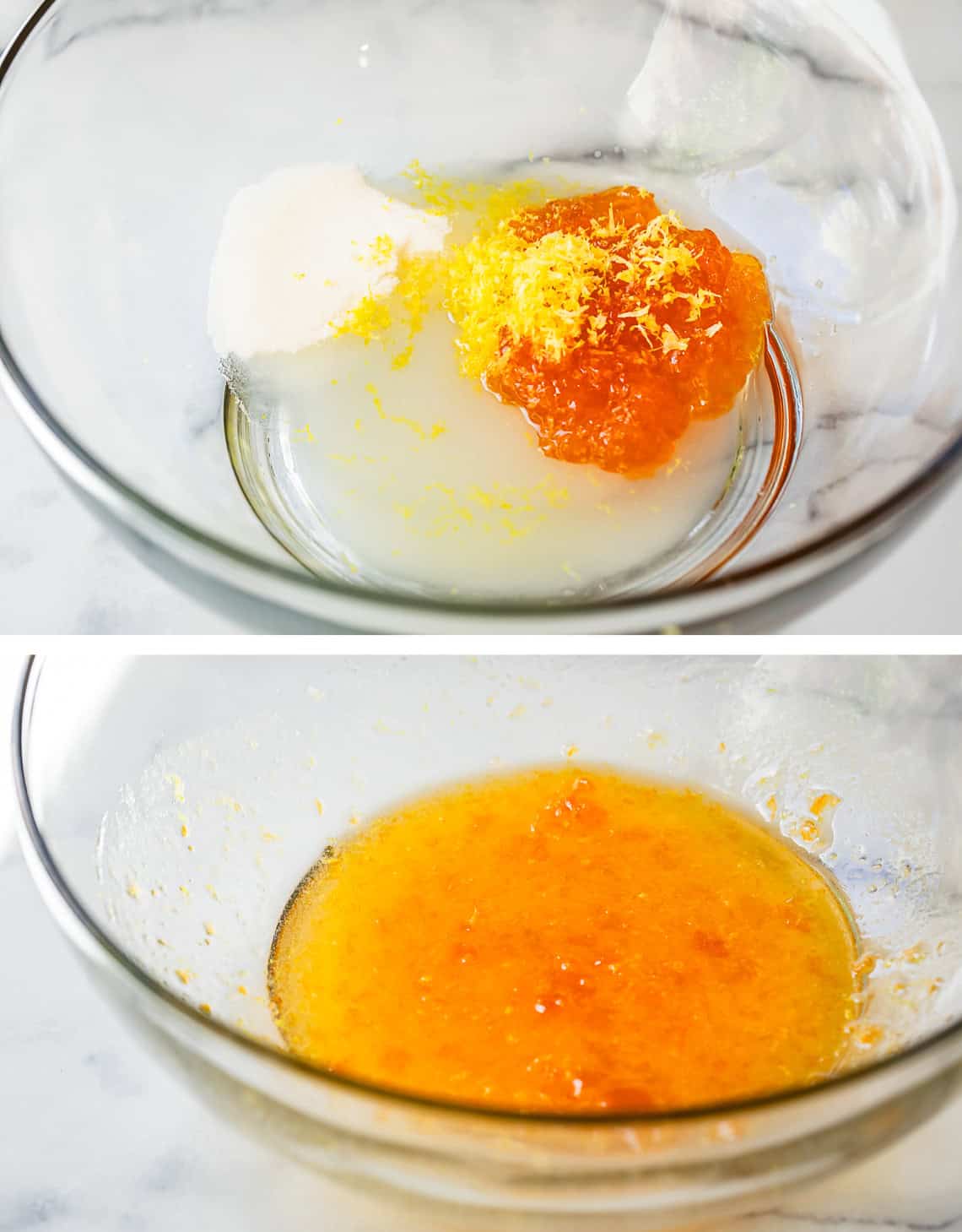 top: glaze ingredients in glass bowl, bottom: glaze ingredients stirred together.