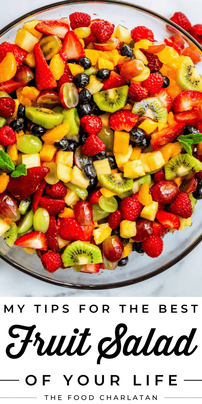 pinterest image of mixed fruit salad with text "my tips for the best fruit salad of your life".
