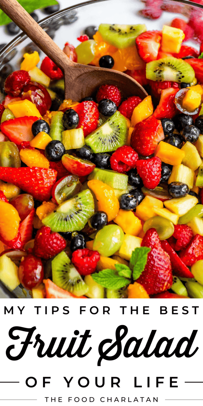 pinterest image of mixed fruit salad with text "my tips for the best fruit salad of your life".