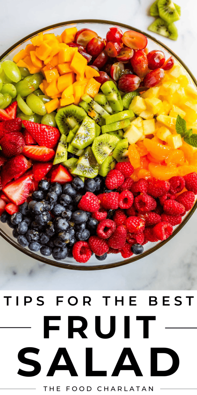 pinterest image of bowl with fruit salad and text "tips for the best fruit salad".
