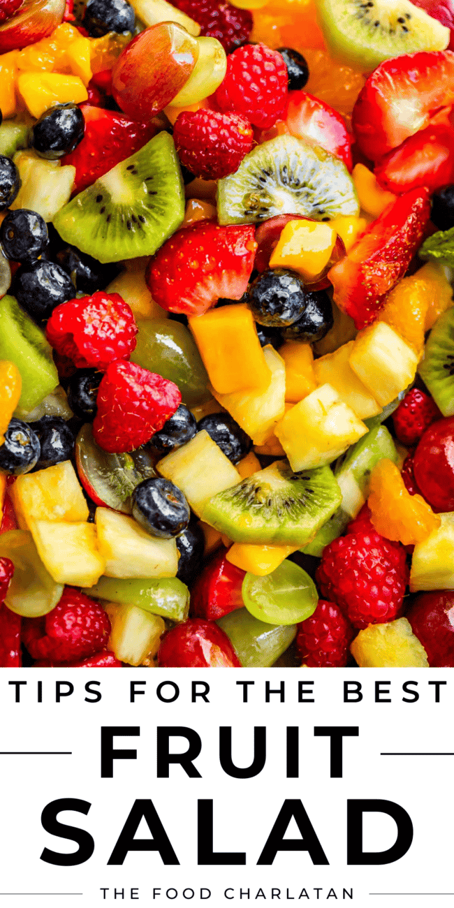 pinterest image of fruit salad with text "tips for the best fruit salad".