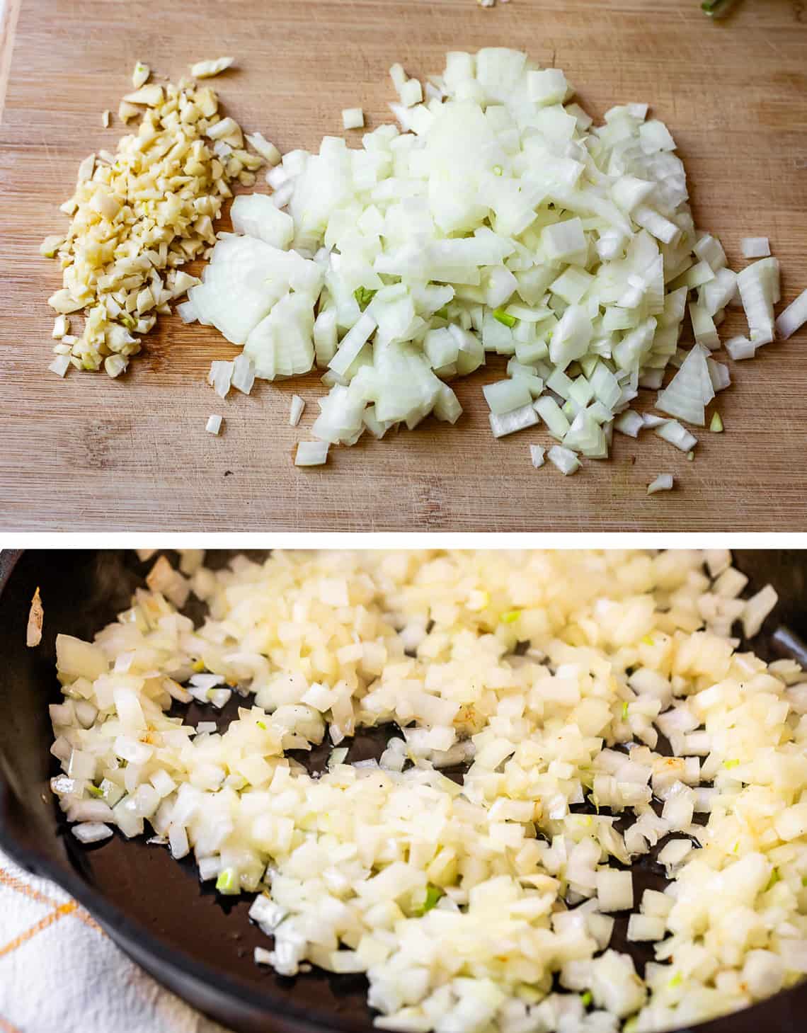 top: chopped onion and garlic on wood cutting board, bottom onions browning in pan.