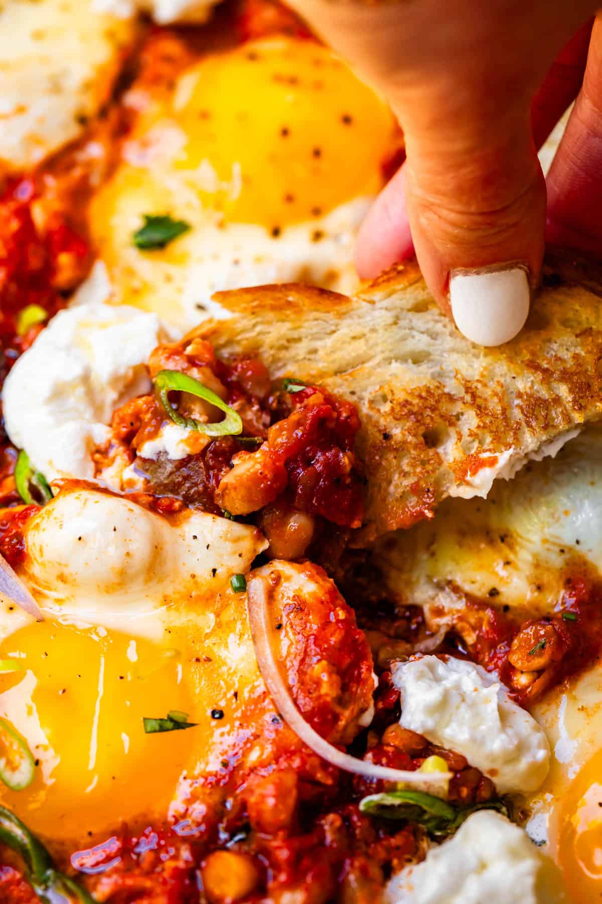 a hand holding a piece of crusty toast dipping into shakshuka.