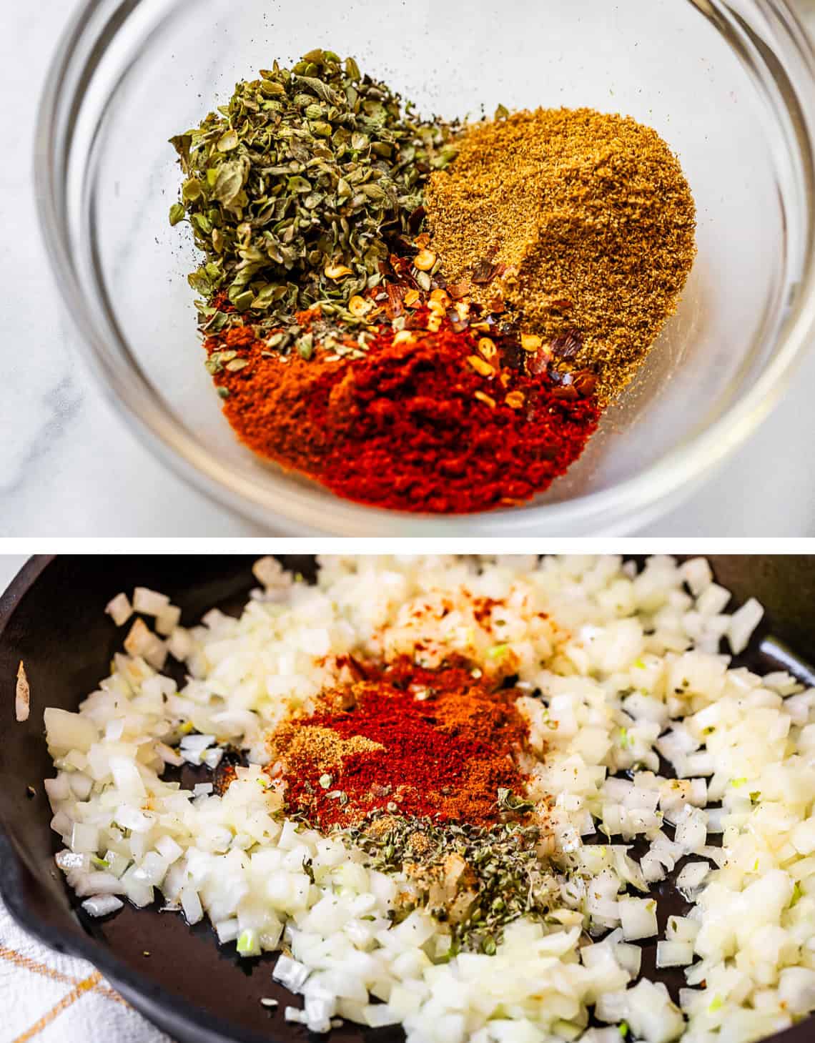 top: mix of spices in glass bowl, bottom spice mix dumped on onions in pan.