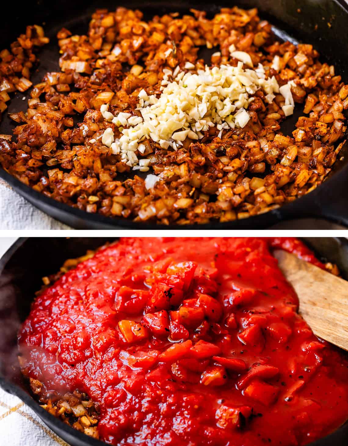 top: onions and spices all mixed up with garlic dumped on top, bottom tomatoes added in.