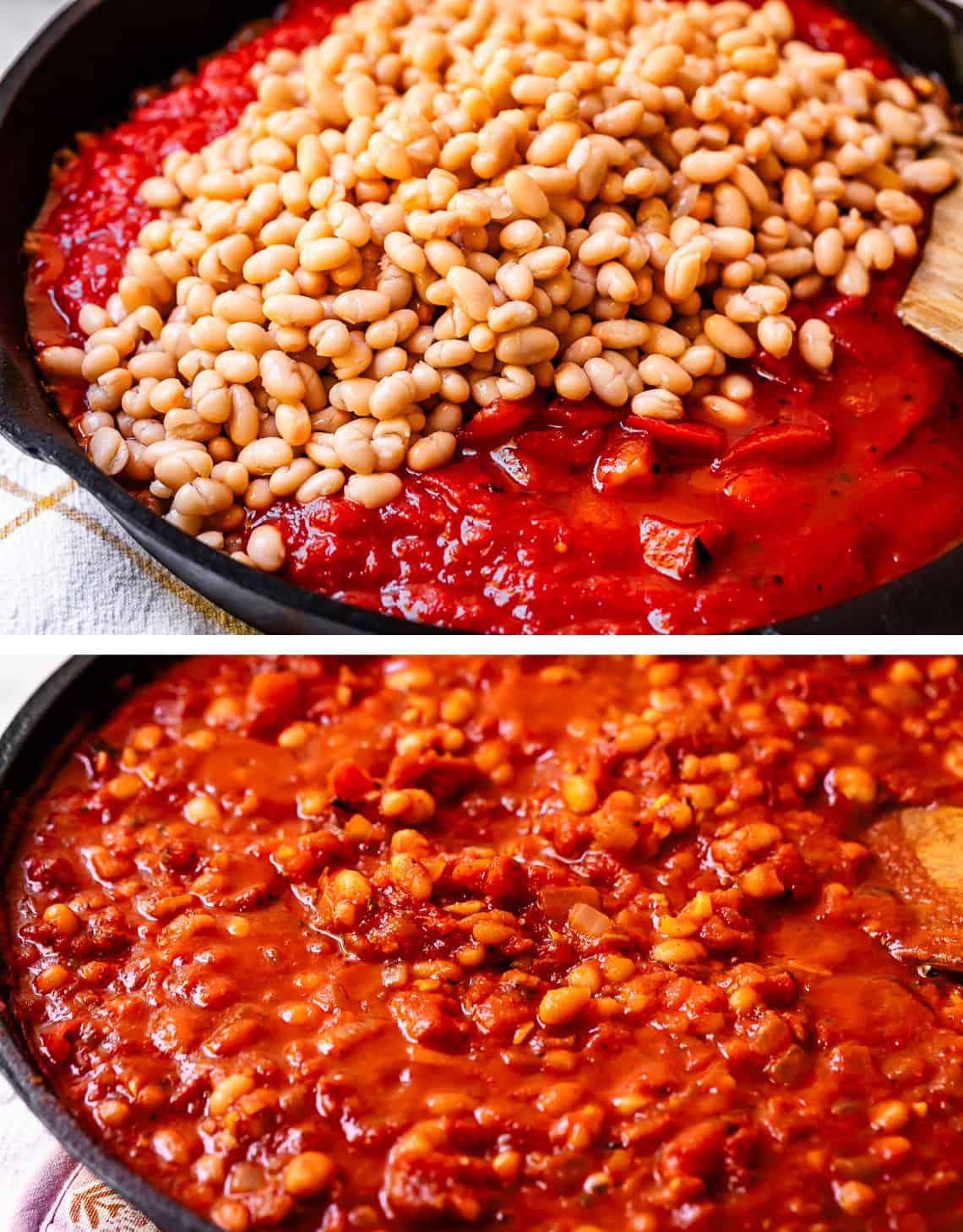 top: beans dumped on top of sauce in pan, bottom all sauce ingredients mixed together.