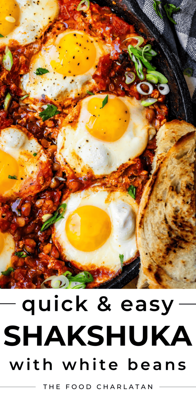 pinterest image of shakshuka with text that says "quick & easy shakshuka with white beans".