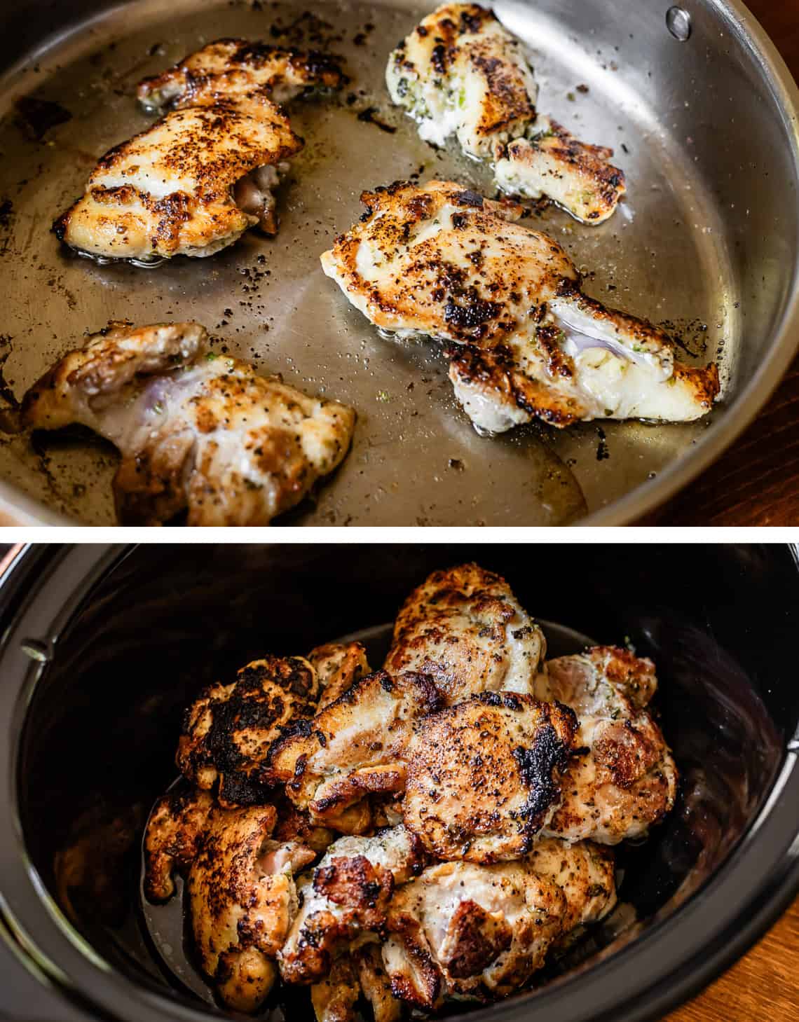 top pic: chicken thighs searing in pan, bottom: seared chicken in slow cooker.