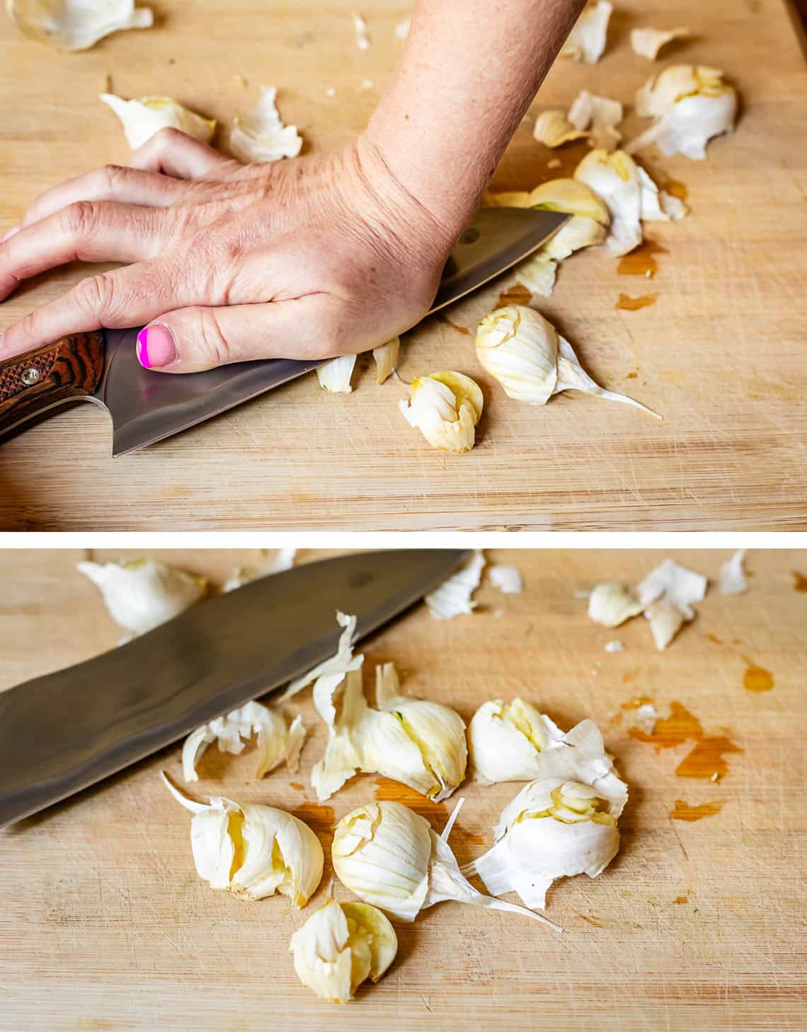 top pic: hand using flat side of knife to smash garlic, bottom the smashed garlic.