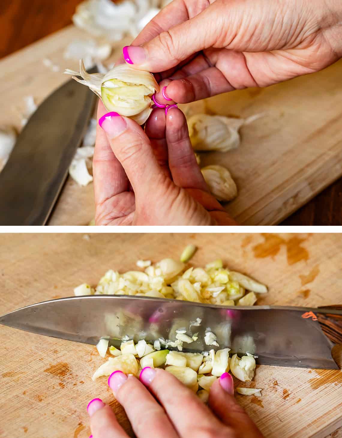 top pic: hands peeling garlic, bottom: knife chopping garlic on cutting board.
