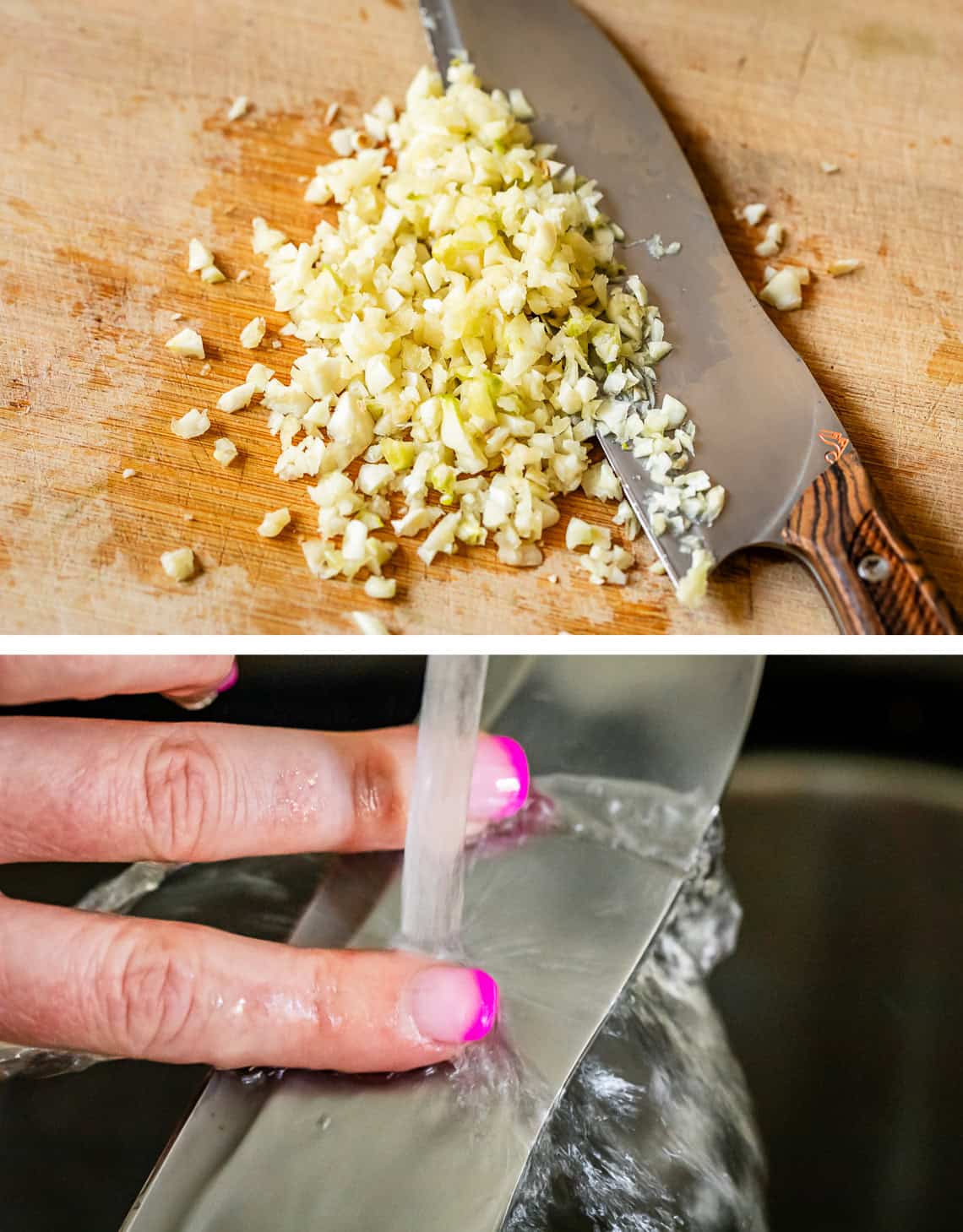 top pic: a bunch of minced garlic on a cutting board, bottom: cleaning fingers on blade.