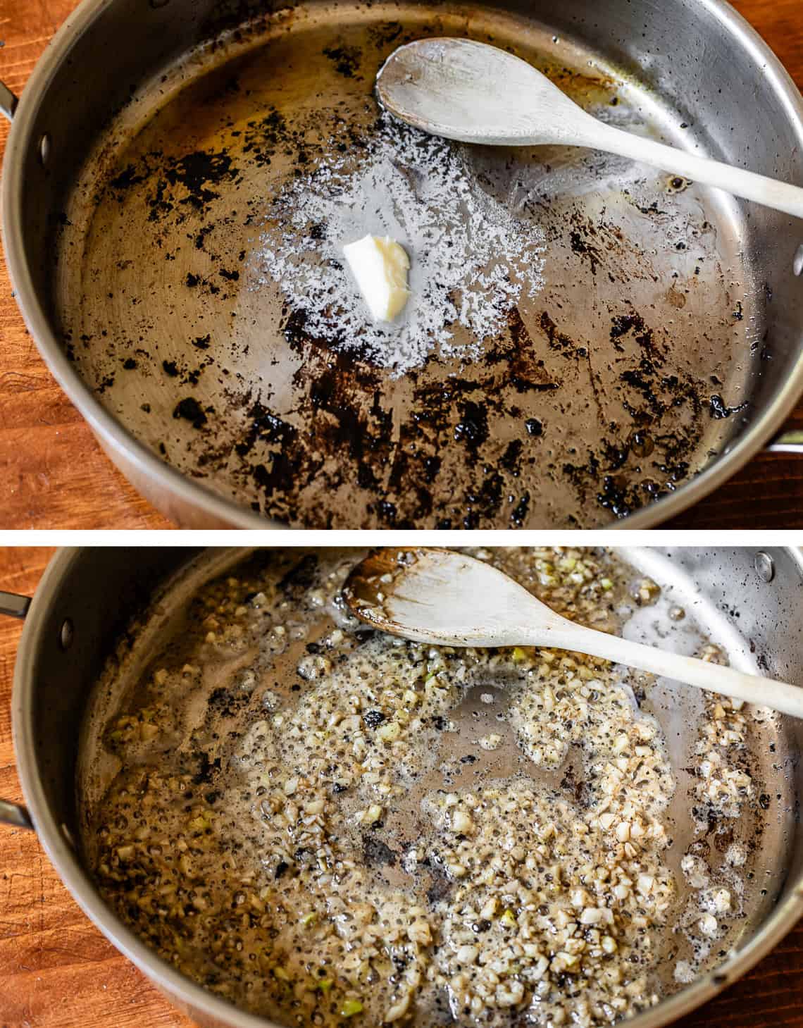 top pic: butter melting in pan, bottom: garlic lightly sauteing in butter in pan.