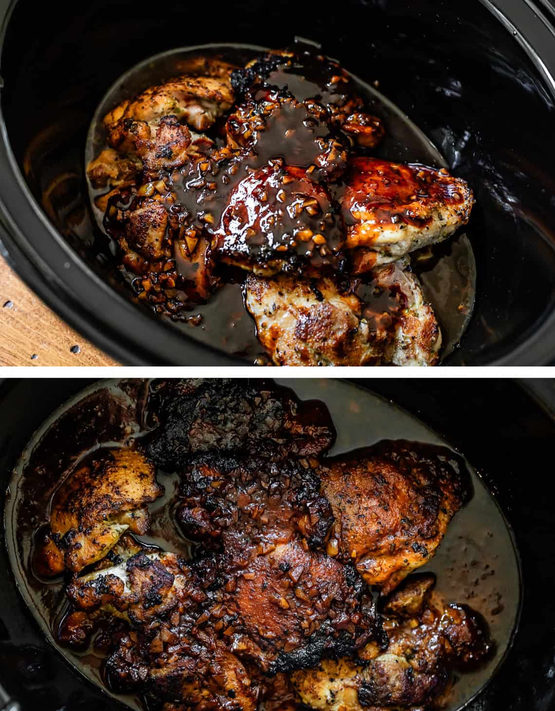 top pic: sauce poured over seared but raw chicken in slow cooker, bottom: cooked chicken.